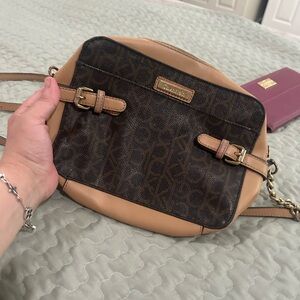CALVIN KLEIN CK Logo Print Brown & Tan Crossbody Purse Bag